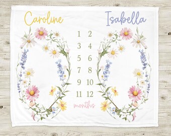 Flowers twins milestone blanket, baby girl personalized summer wildflowers gift, monthly tracker, floral name baby blanket