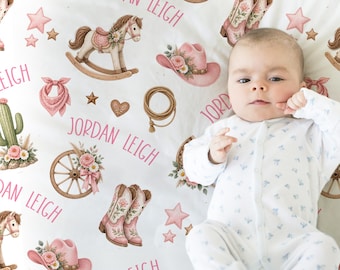 Western floral baby blanket, personalized pink cowboy boots swaddle, flower newborn western girl baby gift