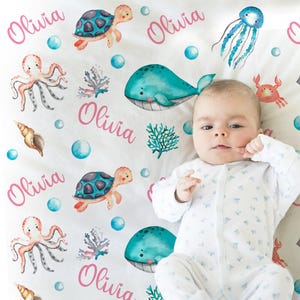 Personalized Ocean Animals Baby Name Blanket Under the sea cute sea animals baby gift for newborn new mom baby shower baby ocean swaddle