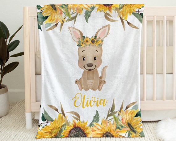 Kangaroo baby girl blanket, personalized newborn kangaroo flowers name blanket, kangaroo sunflowers baby swaddle gift (CHOOSE COLORS) Il_570xn