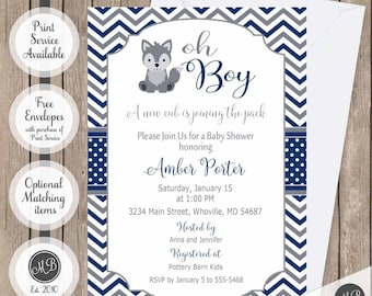 Wolf baby shower invitation, oh boy invitation, new cub joining the pack invite, wolf cub invitation, wolf baby shower invite, navy and gray