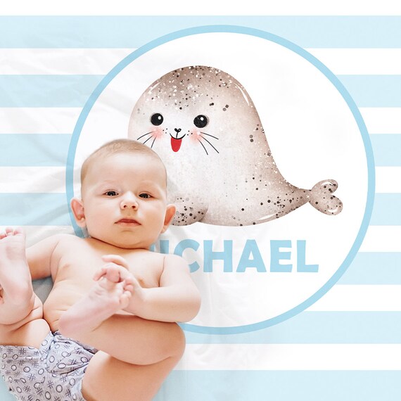 Cute boys seal baby blanket, newborn personalized seal name blanket