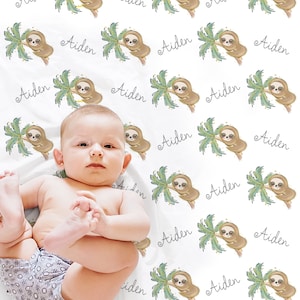 Sloth baby boy blanket personalized sloth gift newborn blanket with name, cute sloth animal baby gift, sloth swaddle blanket (CHOOSE COLORS)