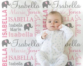 Personalized Elephant Baby Blanket, Pink & Gray Custom Name Newborn Swaddle Blanket, Baby Gift with Elephants