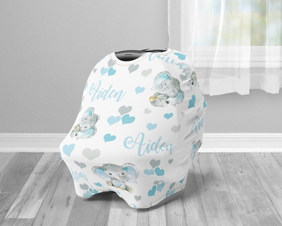 Elephant Personalized baby name carseat cover, blue infant car seat cover, baby elephant car seat canopy cover, boy, girl, nursing privacy Il_570xn