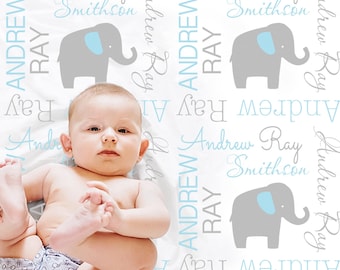 Personalized Elephant Baby Name Blanket: Blue and Gray Baby Newborn or Toddler gift