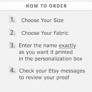 The image is a step-by-step guide on how to order from an Etsy store, providing instructions on choosing the size, fabric, entering the name, and checking the Etsy messages to review the proof.