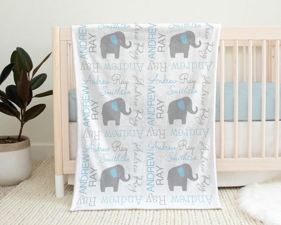 Elephant personalized baby name blanket, newborn boys blanket with elephants, elephant blue and gray baby gift, elephant swaddle blanket Il_570xn