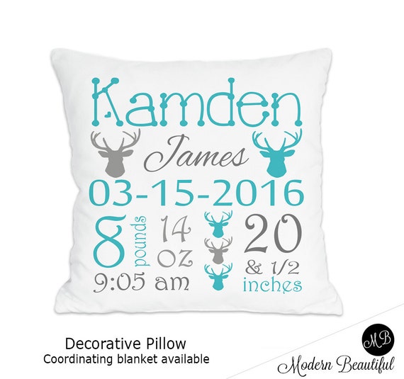 Baby Boy Deer Antler Birth Stats Pillow Personalized Baby Gift