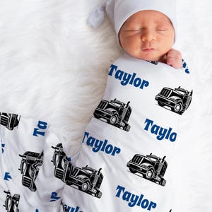 Baby boy trucker swaddle blanket, big rig 18 wheeler name blanket, personalized newborn diesel theme baby gift, semi truck blanket with name