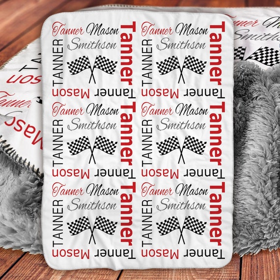 Race flags baby boys blanket, personalized racing theme name blanket