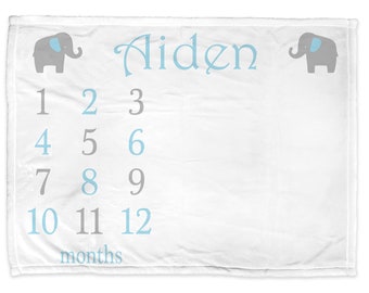 Elephant milestone baby blanket, personalized baby gift, boy baby blanket, monthly milestone baby blanket, baby growth blanket, blue, gray