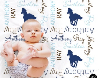 Personalized horse baby blanket, newborn wild horses name blanket, blue horse baby swaddle, boy or girl horse baby gift, (CHOOSE COLORS)