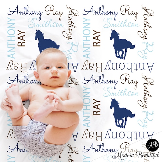 Personalized horse baby blanket, newborn wild horses name blanket, blue
