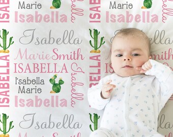 Cactus baby girl blanket personalized newborn desert cactus swaddle blanket custom cactus theme newborn baby gift with name (CHOOSE COLORS)