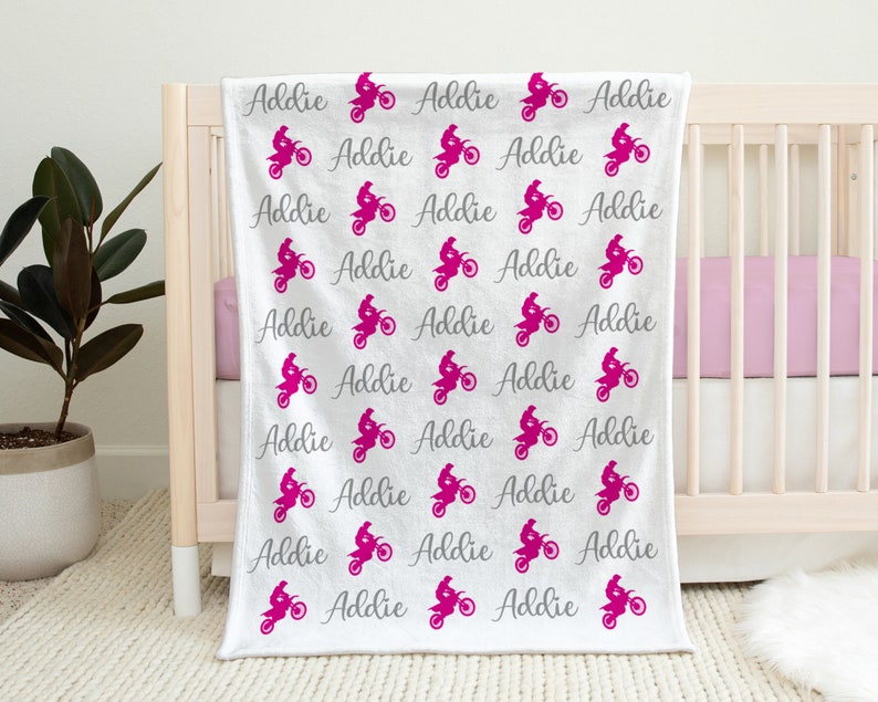 Pink motocross baby blanket, girl dirt bike name blanket, personalized newborn motocross baby gift, dirt bikes baby swaddle, boy or girls image 1