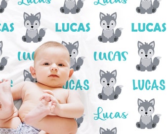 Wolf baby name blanket, baby wolf personalized blanket, newborn wolves baby gift, blue wolf swaddle, baby boy or girls, (CHOOSE COLORS)