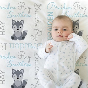Wolf baby boy blanket in blue and gray, wolf personalized newborn blanket, wolf baby name swaddle, boy or girl wolf baby gift, choose colors image 1