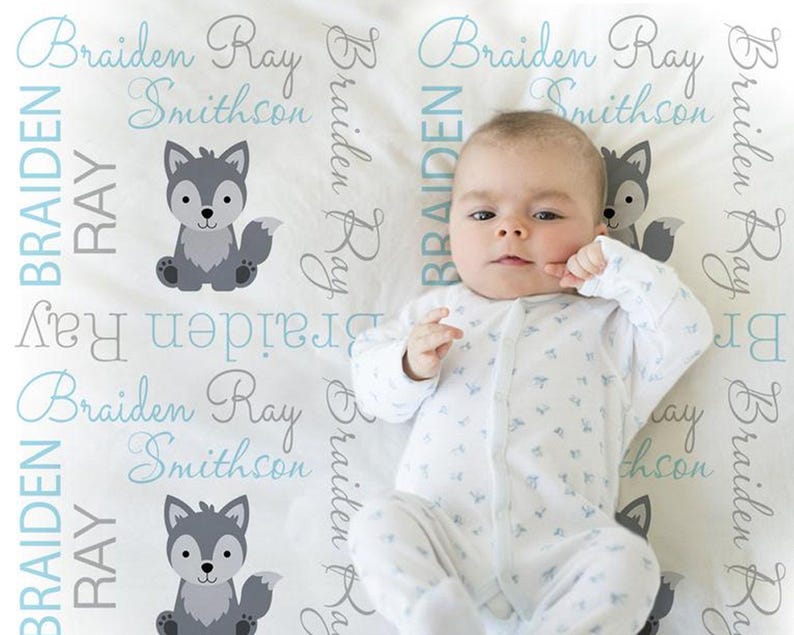 Wolf baby boy blanket in blue and gray, wolf personalized newborn blanket, wolf baby name swaddle, boy or girl wolf baby gift, choose colors image 1