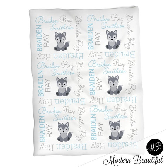 Wolf Sherpa blanket personalized or tan sherpa cream wolf name blanket wolf baby gift gray white baby boy blanket wolf