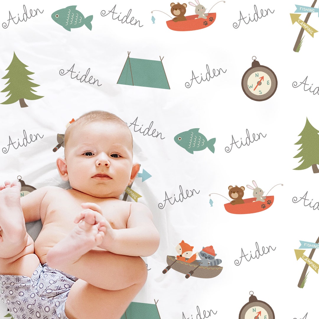 Camping Baby Blanket, Outdoors Adventure Newborn Boy Personalized Name Blanket, Woodland Animals
