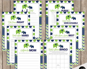 Elephant Baby Shower Game Set - Lime and Navy- Baby Shower Activity Set- Shower Games Bingo- Price is Right and more INSTANT  LNCP-E