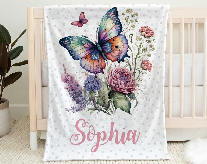 Pink Butterfly Personalized Baby Girl Blanket Embroidered Pink