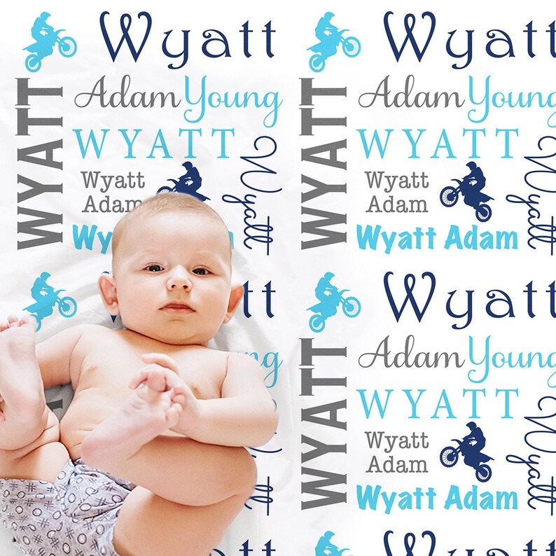Motocross baby blanket, dirt bike swaddle blanket, motorcycle boy blanket, personalized dirt bike name blanket, motocross baby gift image 1