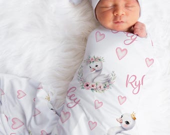 Personalized Swan Princess Swaddle Blanket: Pink Girl Baby Gift