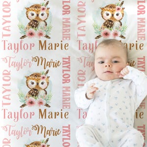 Personalized Owl Baby Name Blanket for girl forest animal owl pink girl newborn swaddle blanket for girl
