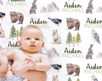 Forest Animals Baby Blanket - Personalized Name Gift Woodland Nursery Theme