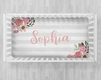 Pink Floral Personalized crib sheet stripe baby crib sheet- boy or girl- flower crib sheet baby name- custom fitted crib sheet- choose color