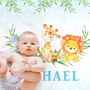 Safari animals baby blanket with name, personalized baby boy jungle animals swaddle blanket, lion, giraffe, elephant newborn baby gift