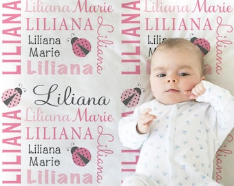 Personalized Ladybug Baby Blanket: Pink & Gray Newborn Swaddle