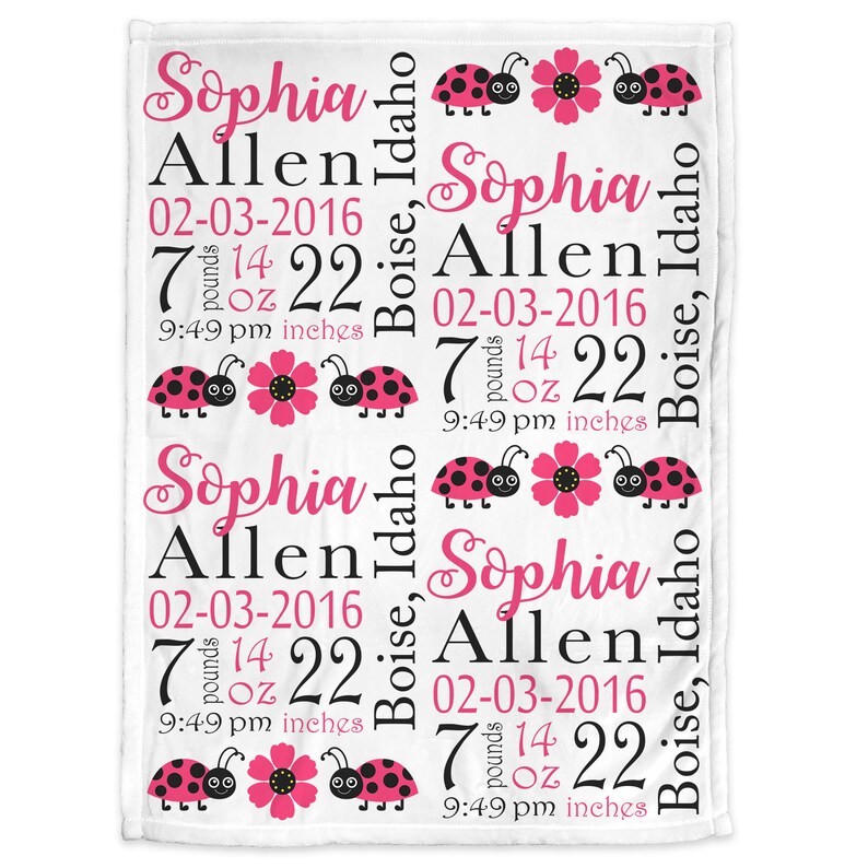 Ladybug baby blanket with birth stats, ladybug birth info name blanket, personalized ladybugs baby gift, hot pink and black, nursery image 3