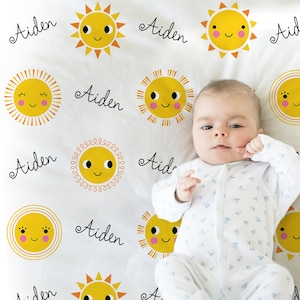 Personalized sunshine baby name blanket, newborn sun personalized gift for boy or girls, summer sun blanket, toddler, big kid size