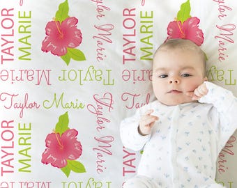 Personalized hibiscus flower baby blanket girl baby Hawaiian floral blanket, newborn tropical swaddle, Hawaiian baby gift, (CHOOSE COLOR)