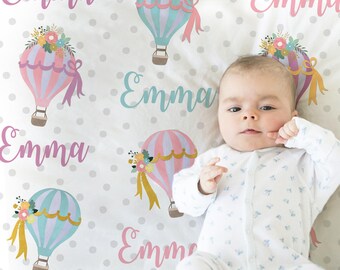 Manta personalizada con globo aerostático para bebé niña, manta envolvente con globo floral para recién nacida con nombre, regalo floral con globo aerostático para bebé niña