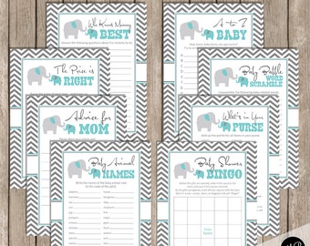 Elephant Baby Shower Game Set - Turquoise Blue and Gray- Elephant- Baby Shower Activity Set- Bingo- A to Z Baby- Price is Right  ET01