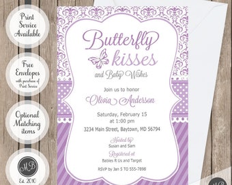 Butterfly kisses baby shower invitation, butterfly kisses and baby wishes shower invites, baby girl butterfiles party cards CHOOSE COLORS)