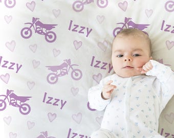 Personalized Girl Motorcycle Baby Blanket: Dirtbike Name Blanket Purple or choose color