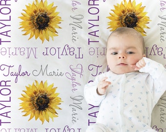 Personalized sunflower baby girl blanket, newborn watecolor sunflower blanket name gift, floral baby gift, sunflower nursery, (CHOOSE COLOR)
