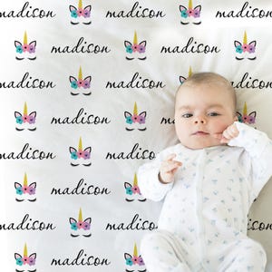 Unicorn baby blanket, unicorn swaddle blanket and name, personalized unicorn baby gift, unicorn lashes blanket, newborn girl unicorn blanket