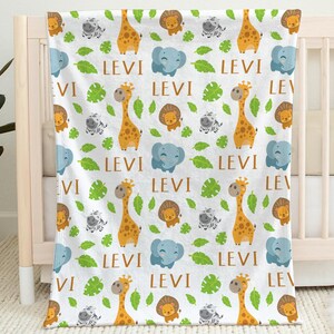 Personalized safari animals baby blanket, newborn boys swaddle blanket with name and animal elephant giraffe lion baby gift (CHOOSE COLORS)