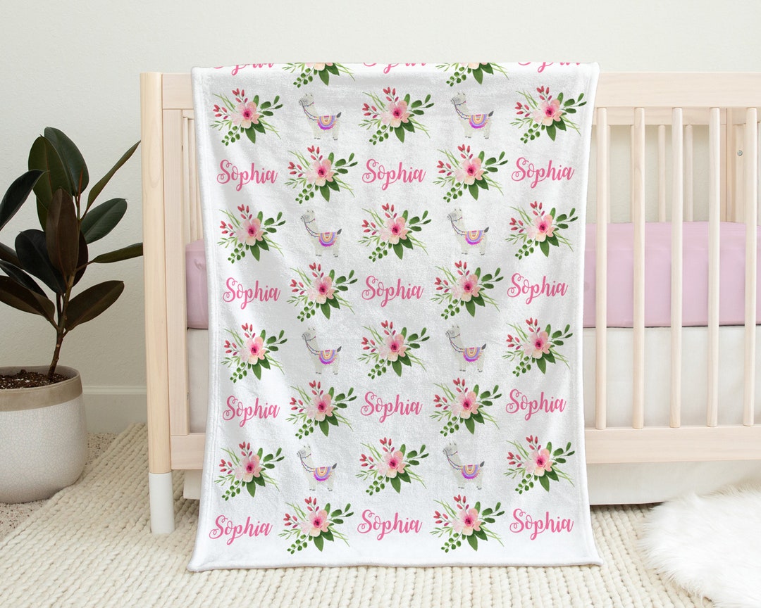 Floral Llama Baby Blanket, Llama Baby Girl Name Blanket, Llama Baby