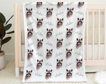 Personalized Raccoon Baby Name Blanket Forest Animal Woodland Animals Custom Raccoon Baby Name Gift Swaddle Blanket Monogram Baby Gift