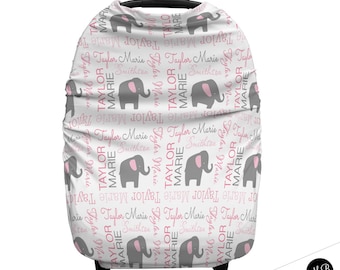 Elephant infant seat Cover, custom carseat canopy cover, personalized baby name elephant gift, girl nursing privacy cover