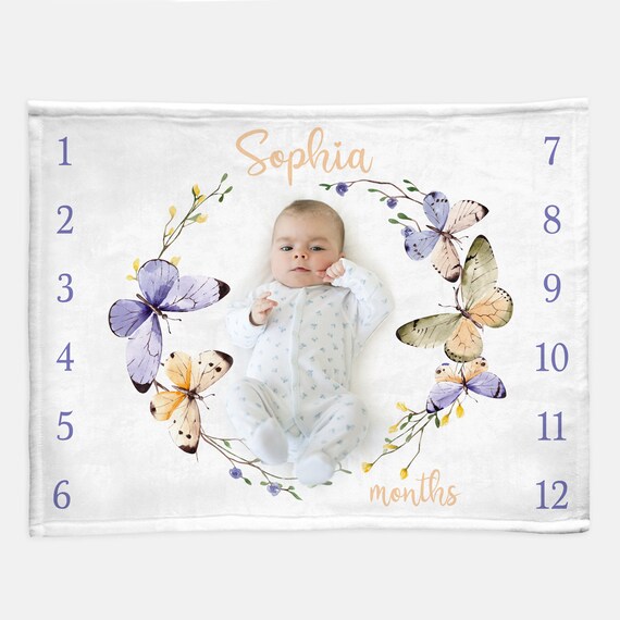Butterfly Milestone Blanket, personalized newborn baby growth blanket