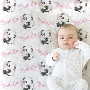 Personalized panda swaddle blanket, panda baby girl or boy name blanket, newborn panda bears baby gift with name, pink panda baby blanket