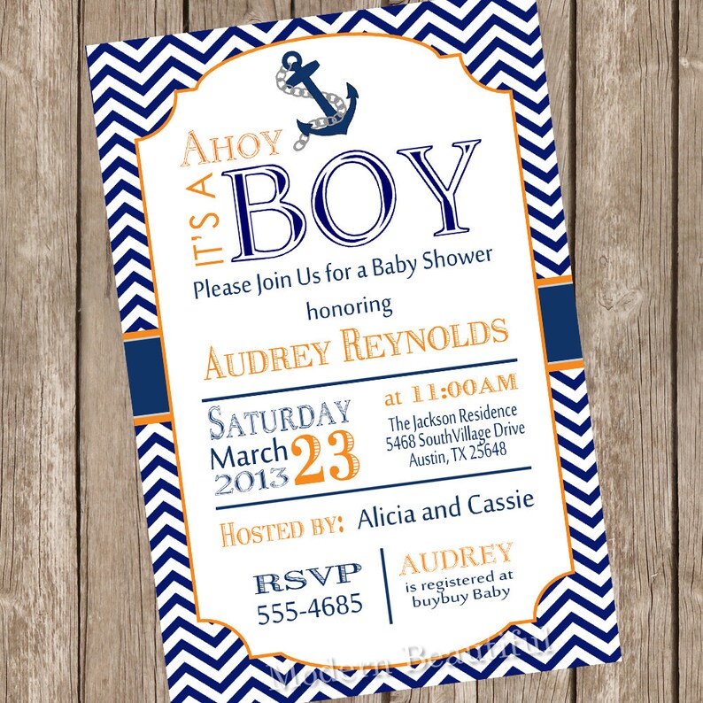 Chevron Ahoy It S A Boy Baby Shower Invitation Orange Navy Anchor Nautical Printable No1